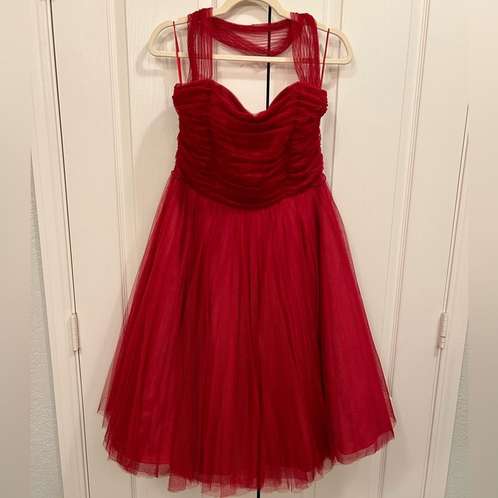 Byron Lars Beauty Mark Tulle Fit & Flare Strapless Halter Dress in Red, Size 8